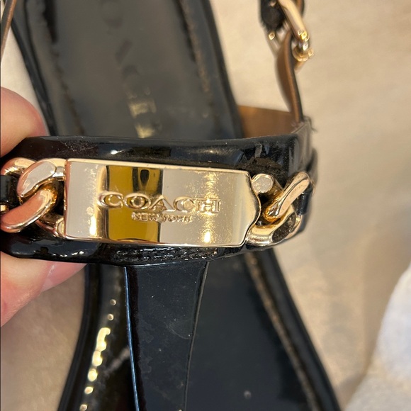 Coach Glossy Black Sandals with Metallic Gold Detail - Picture 4 of 9